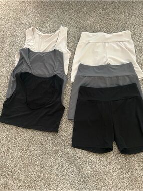 SHEIN Black, Gray & White Active Tank Tops and High-Waist Bike Shorts Set.